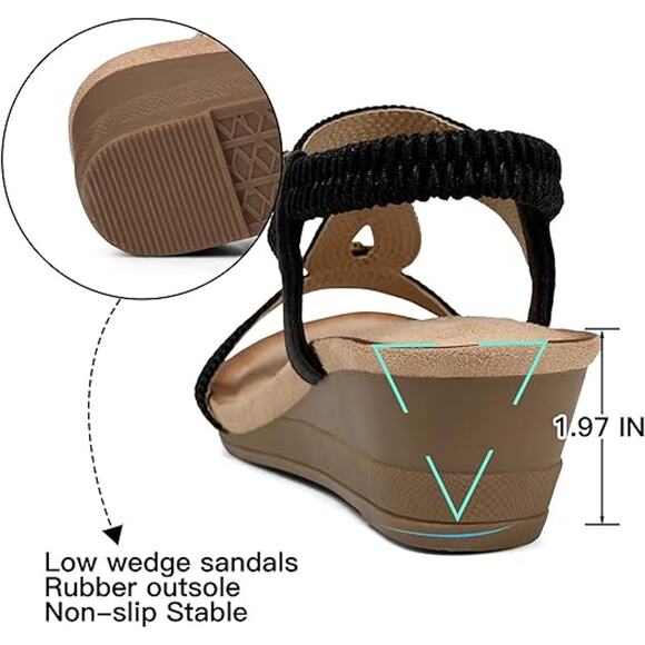 SHIBEVER Women’s Wedge Sandals Rhinestone Boho Low Heel Elastic Strap Sz 10.5 - Picture 4 of 11